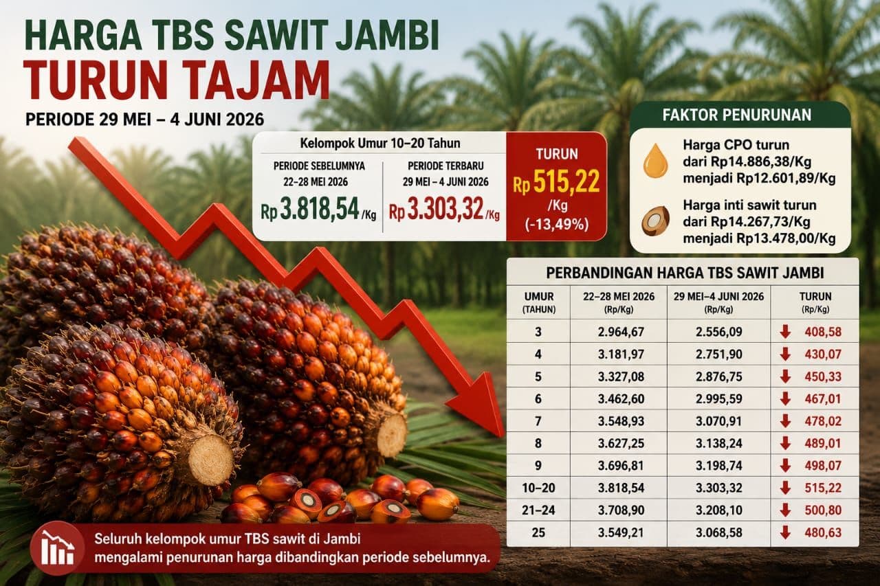 Harga TBS Sawit Jambi Anjlok, Kelompok Umur 10–20 Tahun Turun Rp515/Kg