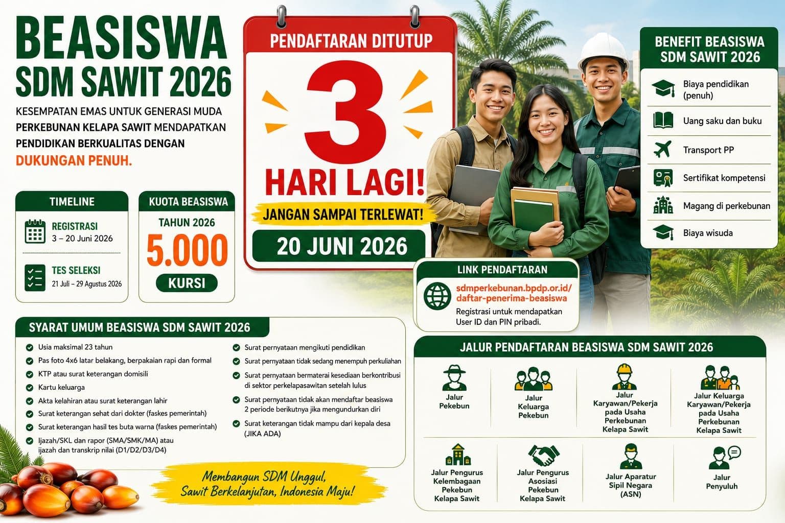 Tiga Hari Lagi Ditutup, Beasiswa SDM Sawit 2026 Masih Buka 5.000 Kuota untuk Generasi Muda Perkebunan