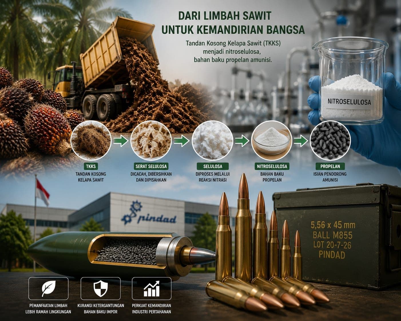 Pindad Olah Tandan Kosong Sawit Jadi Bahan Baku Amunisi