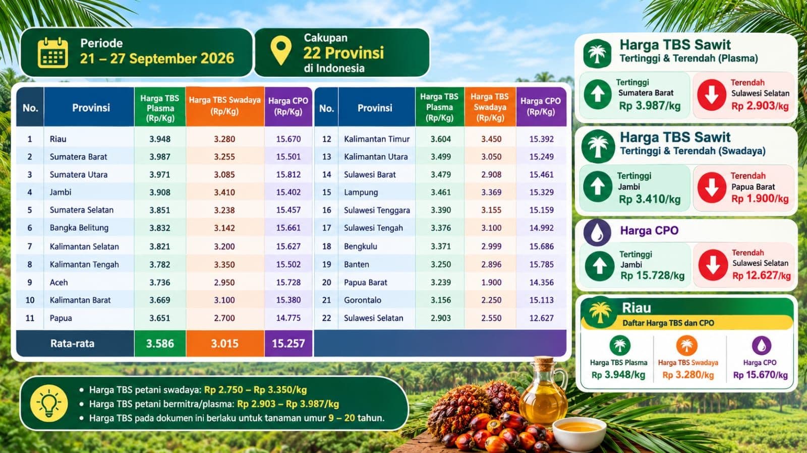 Harga TBS Sawit 22 Provinsi APKASINDO Periode 21–27 September 2026