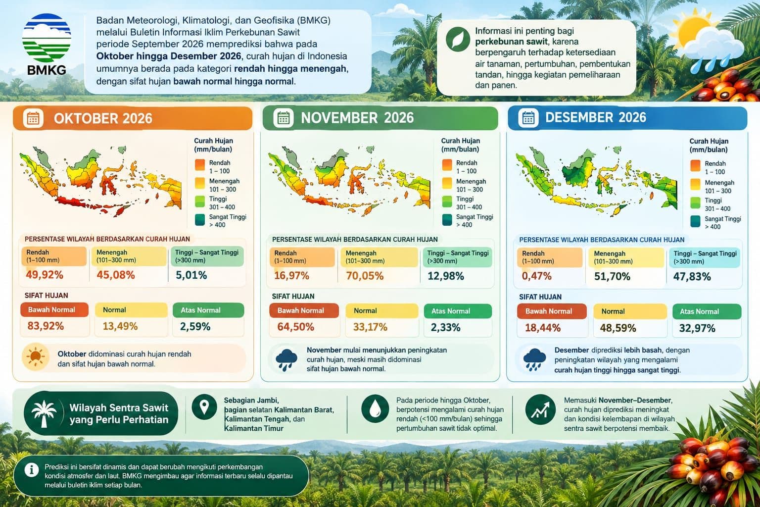 BMKG Prediksi Curah Hujan Oktober–Desember 2026, Perkebunan Sawit Perlu Waspadai Kondisi Lebih Kering