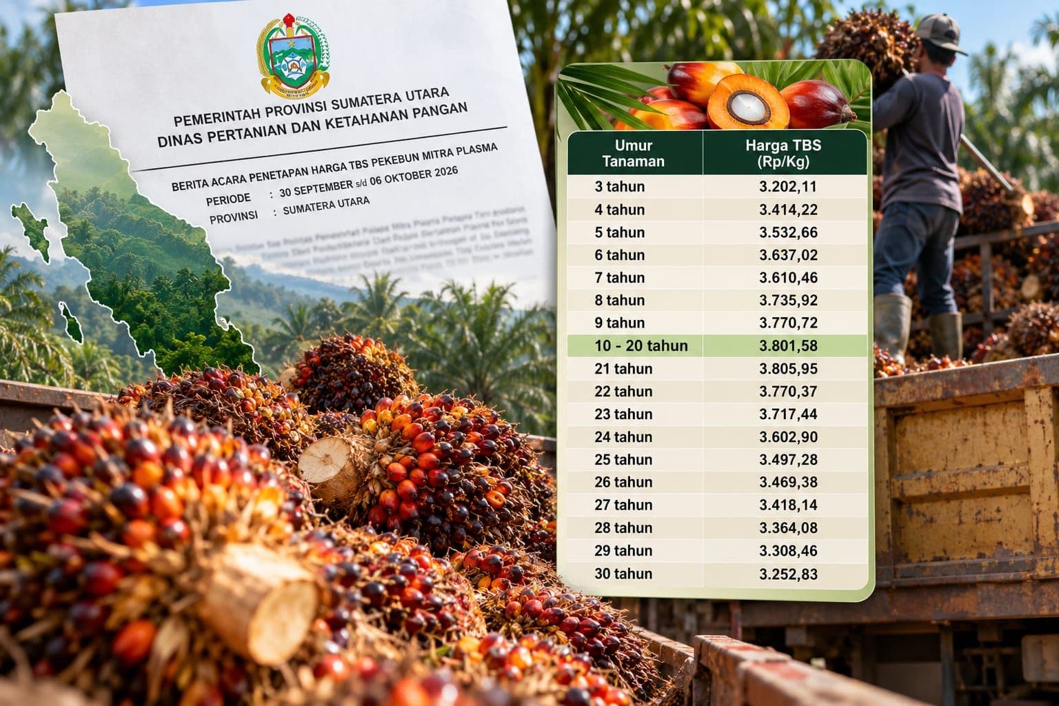 Harga TBS Sawit Sumut Periode 30 September–6 Oktober 2026 Turun, Umur 10–20 Tahun Rp3.801,58/Kg