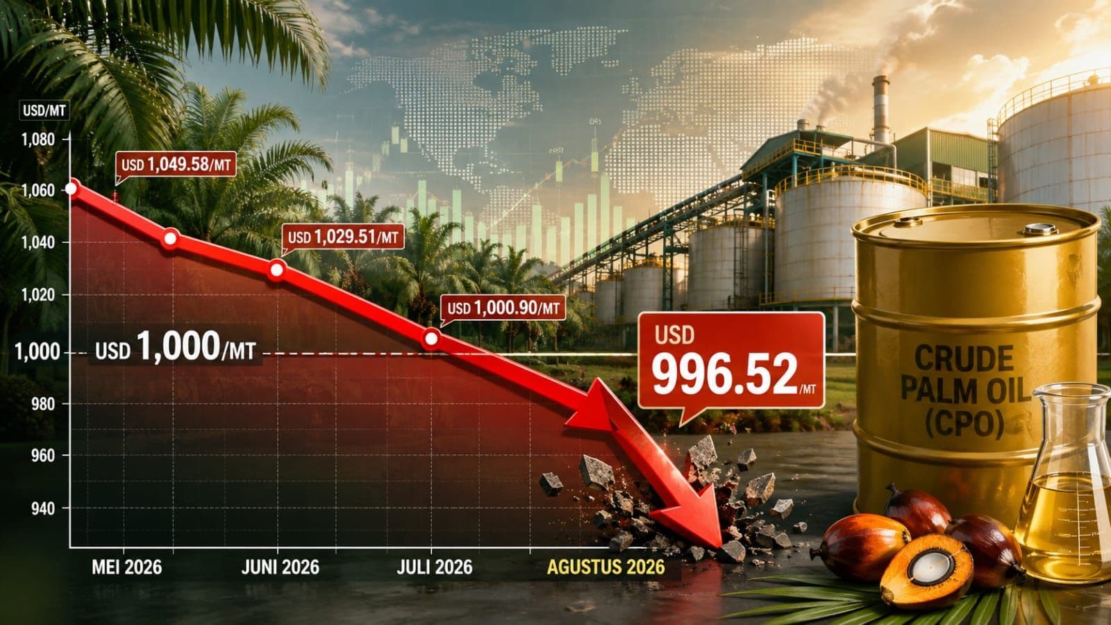HR CPO Agustus 2026 Turun ke USD996,52 per MT, Harga Acuan Sawit Melorot Tiga Bulan Beruntun